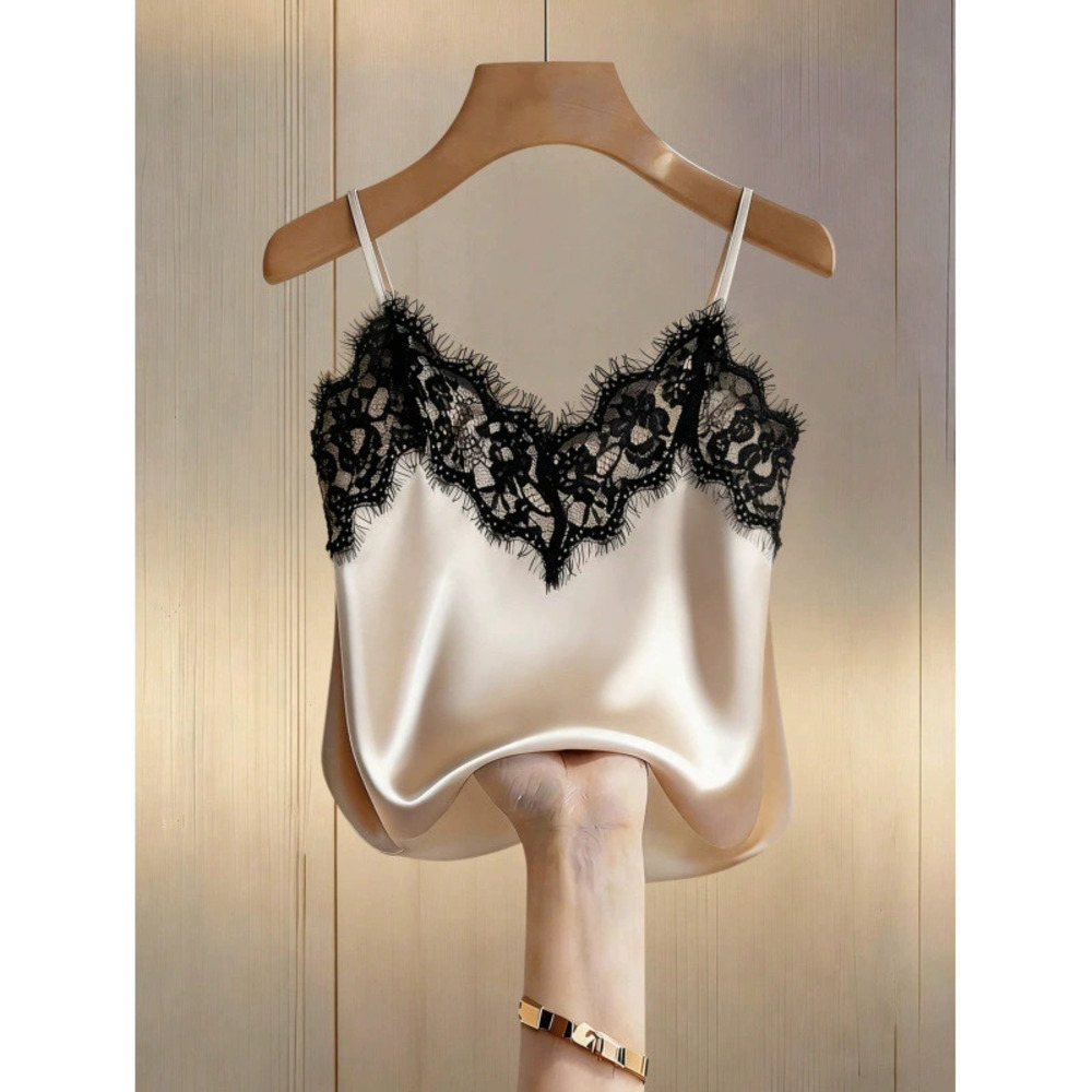 ZARA Womens Summer French Elegant Lace Patchwork Knit Satin Camisole
